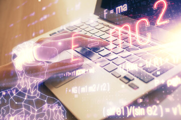 Double exposure of woman hands typing on computer and formula hologram drawing. Education concept.
