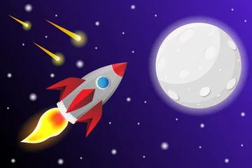 Fotobehang Rocket flight into space near moon. Vector illustration © Tatiana