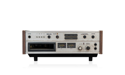 Obraz premium front view old wooden and silver stereo tuner on white background, object, fashion, technology, vintage, copy space