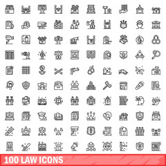 100 law icons set. Outline illustration of 100 law icons vector set isolated on white background