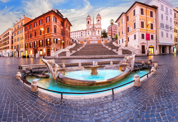 Fototapeta premium Fountain of the Boat at sunrise by the Spanish Steps, Rome, Italy