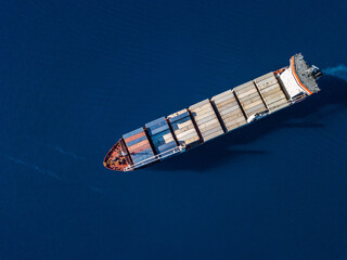 Aerial view on container ship shipping cargo. Export, import and logistic