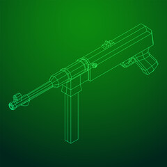 Submachine gun german MP 40 world war 2 firearms pistol. Wireframe low poly mesh vector illustration.