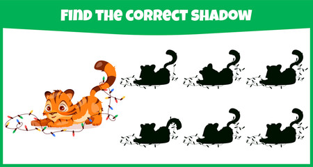 Find the correct shadow. Educational matching game for children with cute tiger.