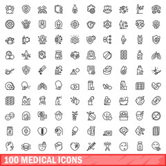 100 medical icons set. Outline illustration of 100 medical icons vector set isolated on white background