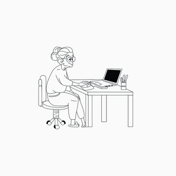 grandmother at the computer. Line drawing vector illustration
