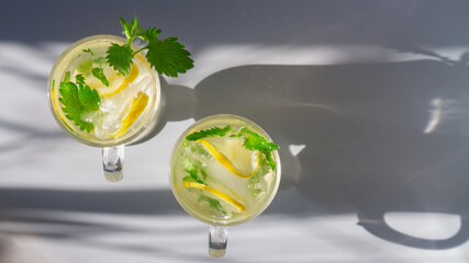 Glasses with chilled lemon mojito with green mint leaves and pieces of sour yellow lemon on a gray background. Top view © Olga