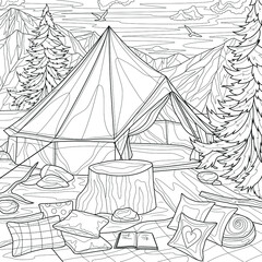 Camping.Tent among mountains and firs.Landscape.Coloring book antistress for children and adults. Illustration isolated on white background.Black and white drawing.Zen-tangle style.