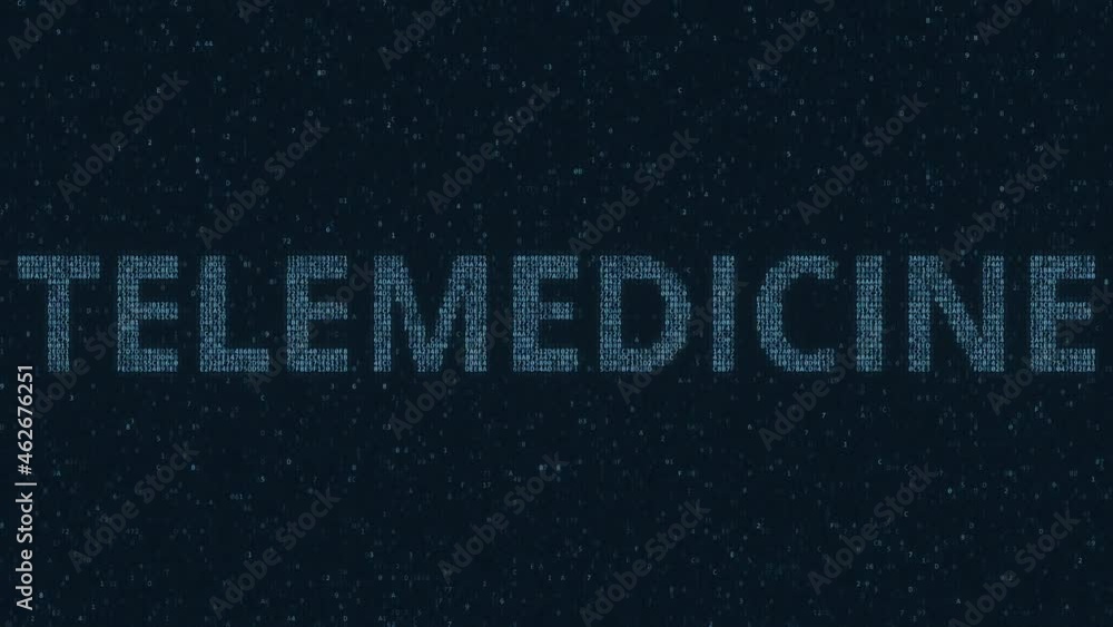 Poster telemedicine text made with many symbols on computer screen, 3d animation