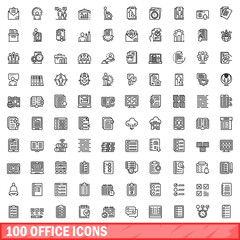 Fototapeta premium 100 office icons set. Outline illustration of 100 office icons vector set isolated on white background