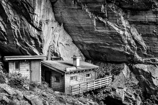 DORFGASTEIN, AUSTRIA - June 24, 2021: Entrische Kirche landscape, largest natural cave in Salzburg’s Central Alps. The cave is a real "place of power". Black and white image