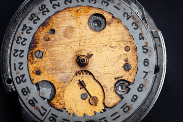 The dial of an old mechanical watch is a close-up. Macro photography with a large depth of field
