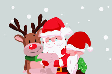 deer, gnom and santa under the tree are reading the list. vector illustration