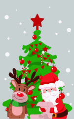 Fototapeta na wymiar deer and santa under the tree are reading the list. vector illustration