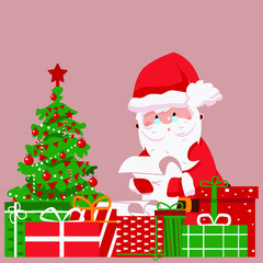 santa reads the list under the tree. vector illustration