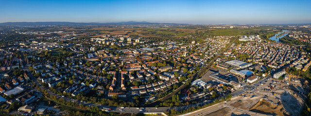 Aerial view of the city Mainz Kostheim in Germany, hesse on a sunny sunst in late summer - obrazy, fototapety, plakaty