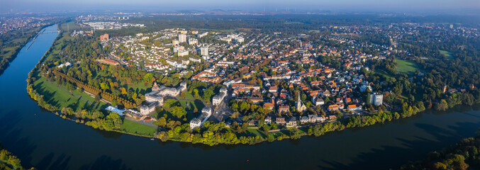 Aerial view of the city Hanau in Germany, hesse on a sunny morning in late summer.