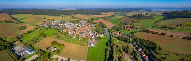 Aerial view of the village Altwiedermus in Germany on a sunny day in summer