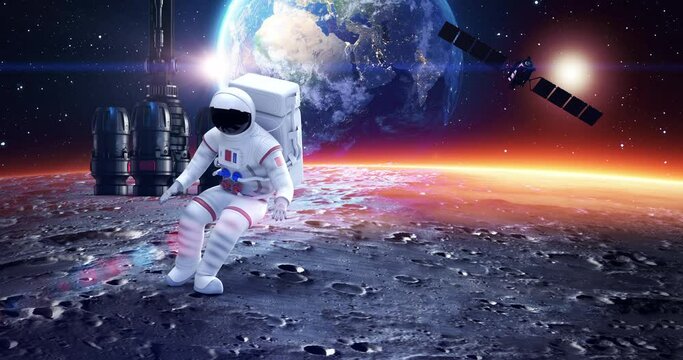 Astronaut Dancing On A Planet. Moving And Gesturing. Space And Technology Related 3D Animation.