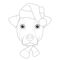 Christmas greeting card for coloring. Jack Russell dog with Santa's hat