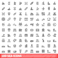 100 sea icons set. Outline illustration of 100 sea icons vector set isolated on white background