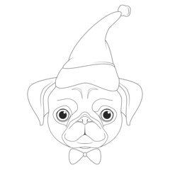 Christmas greeting card for coloring. Pug dog with Santa's hat