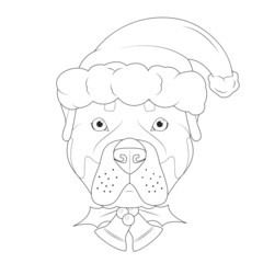 Christmas greeting card for coloring. Rottweiler dog with Santa's hat and Christmas bells