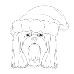Christmas greeting card for coloring. Lhasa Apso dog with Santa´s hat