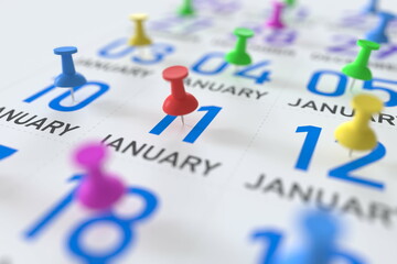 January 11 date and push pin on a calendar, 3D rendering