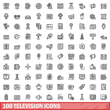 100 television icons set. Outline illustration of 100 television icons vector set isolated on white background