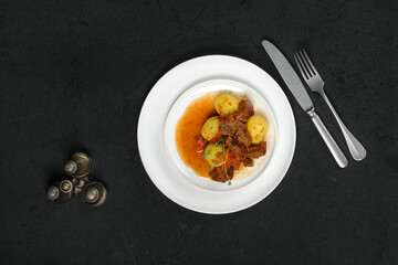 Overhead view of lamb stew with potato