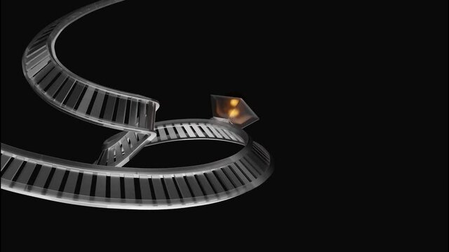 Abstract rollercoaster curved rails and a moving cart, seamless loop. Design. Wagon with a crystal ball rolling on rails.