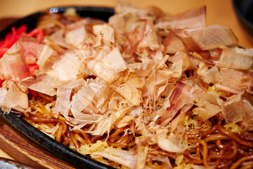 Yakisoba with katsuobushi on a plate