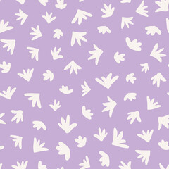 Abstract leaves seamless repeat pattern, Random placed, vector shapes all over surface print on lilac background.