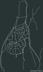 Detailed negative navigation urban street roads map on dark gray background of the quarter Ückesdorf sub-district of the German capital city of Bonn, Germany