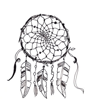 Dreamcatcher, graphic black and white sketch on a white background