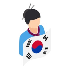 Korean girl icon isometric vector. Woman in national costume with country flag. Korean traditional clothing, hanbok