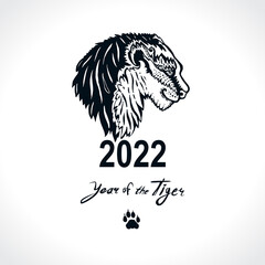 Year of tiger 2022. Vector template Tiger head. Imitation of painting with brush. New Year on the Chinese calendar. Black Tiger Zodiac symbol. Chinese New Year. Vector illustration.  
