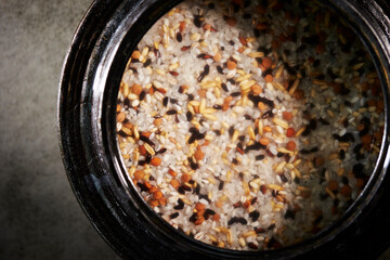 Various grains in a stone pot