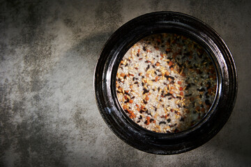Various grains in a stone pot