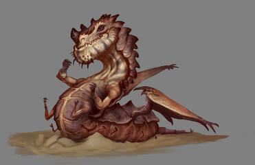 Digital painting of a dragon creature on sandy desert ground isolated on neutral background - fantasy monster illustration