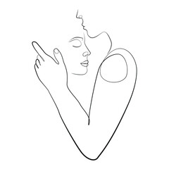 Loving couple line art on white isolated background. A young man gently kisses his beloved woman on the forehead. 