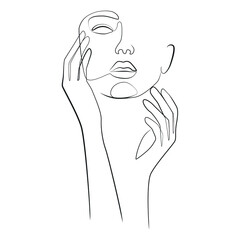 Abstract woman's face line art on white isolated background