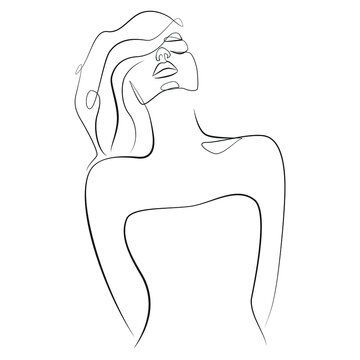 recommend clip art: Silhouette of a young woman with a raised chin and fluttering hair in the wind, line art on white isolated background
