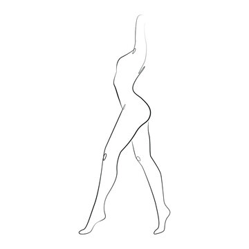 Silhouette of walking nude young woman line art on white isolated background