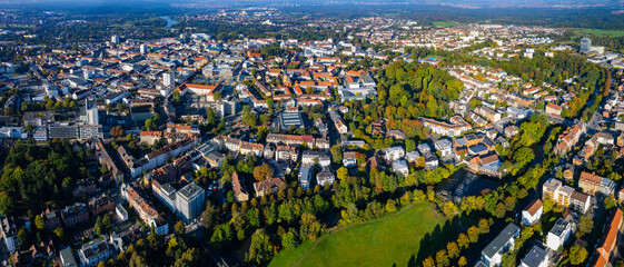 Aerial view around the town Hanau in Germany on a sunny morning in late summer.