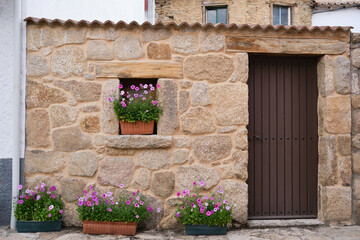 Fototapeta na wymiar Small old rural house with pink flowers in a town in Spain.
