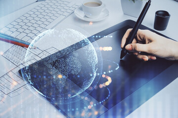 Obraz premium Double exposure of map sketch hologram and woman holding and using a mobile device.