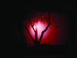 vector illustration depicting silhouettes of trees in red reflections on a dark background for decoration of interior backgrounds and prints on postcards and banners