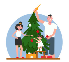 Happy Family hanging toys on fir. Christmas tree decoration flat vector illustration. Parents and child cartoon characters. New Year holiday preparation. People and Xmas item. Flat style.